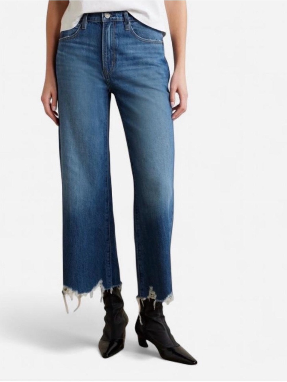 Frame Denim Medium Blue Cropped Wide-Leg Jeans with Raw Hem